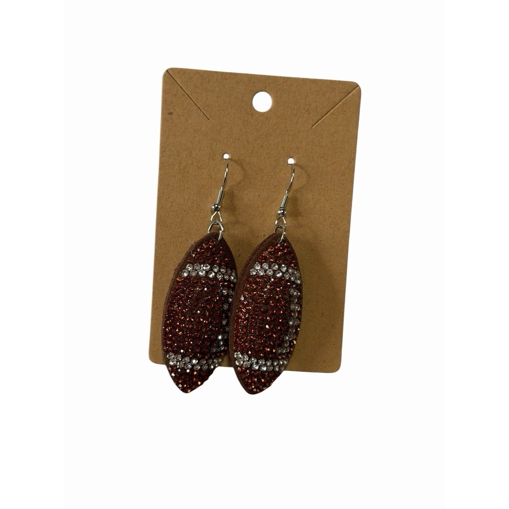 Brown Rhinestone Football Dangle Earrings Game Day Sports Jewelry Silver Tone